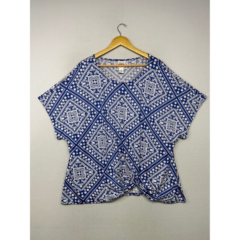 Boho Geometric Ruby Rd Women 3X Blue Bandana Print Knot Front Short Sleeve Top